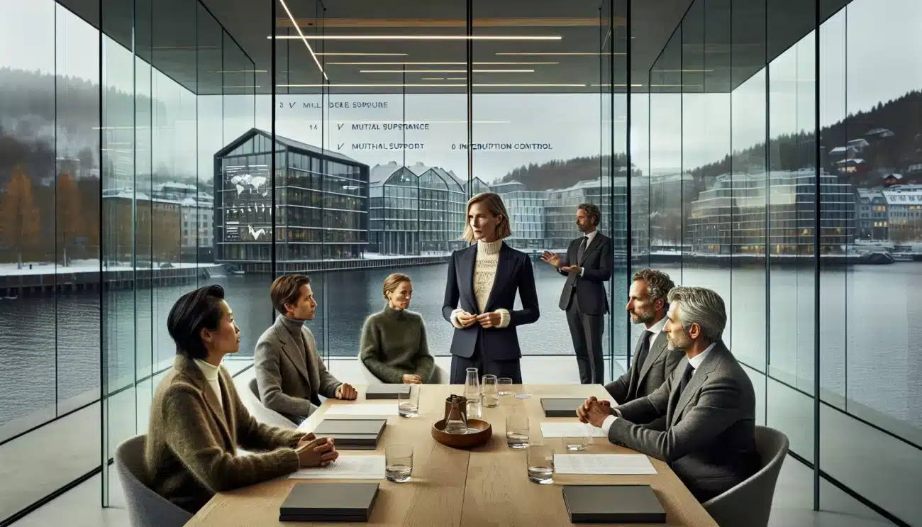 Norwegian office negotiation with woman leading allies ensuring structured fair dialogue