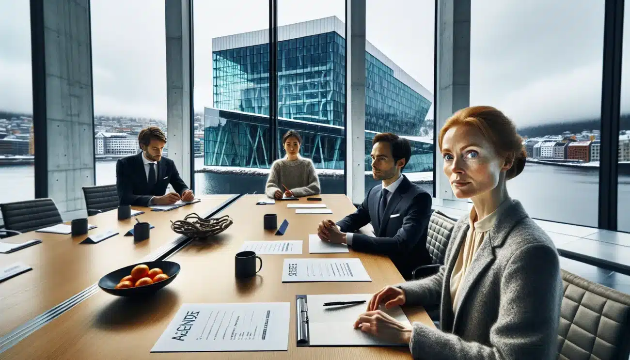 Norwegian team negotiates via video with shanghai partners in a bright oslo boardroom