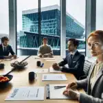 Norwegian team negotiates via video with shanghai partners in a bright oslo boardroom