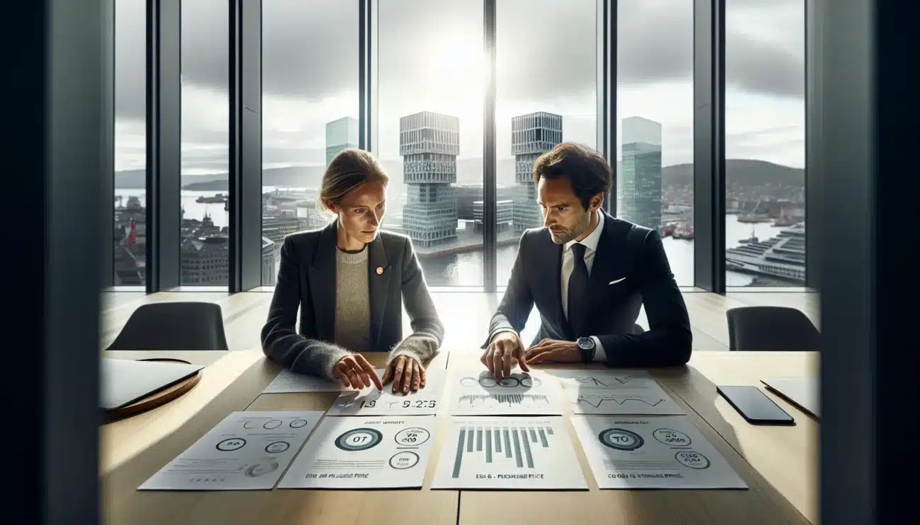 Team negotiating a sustainable contract with esg metrics in an oslo office