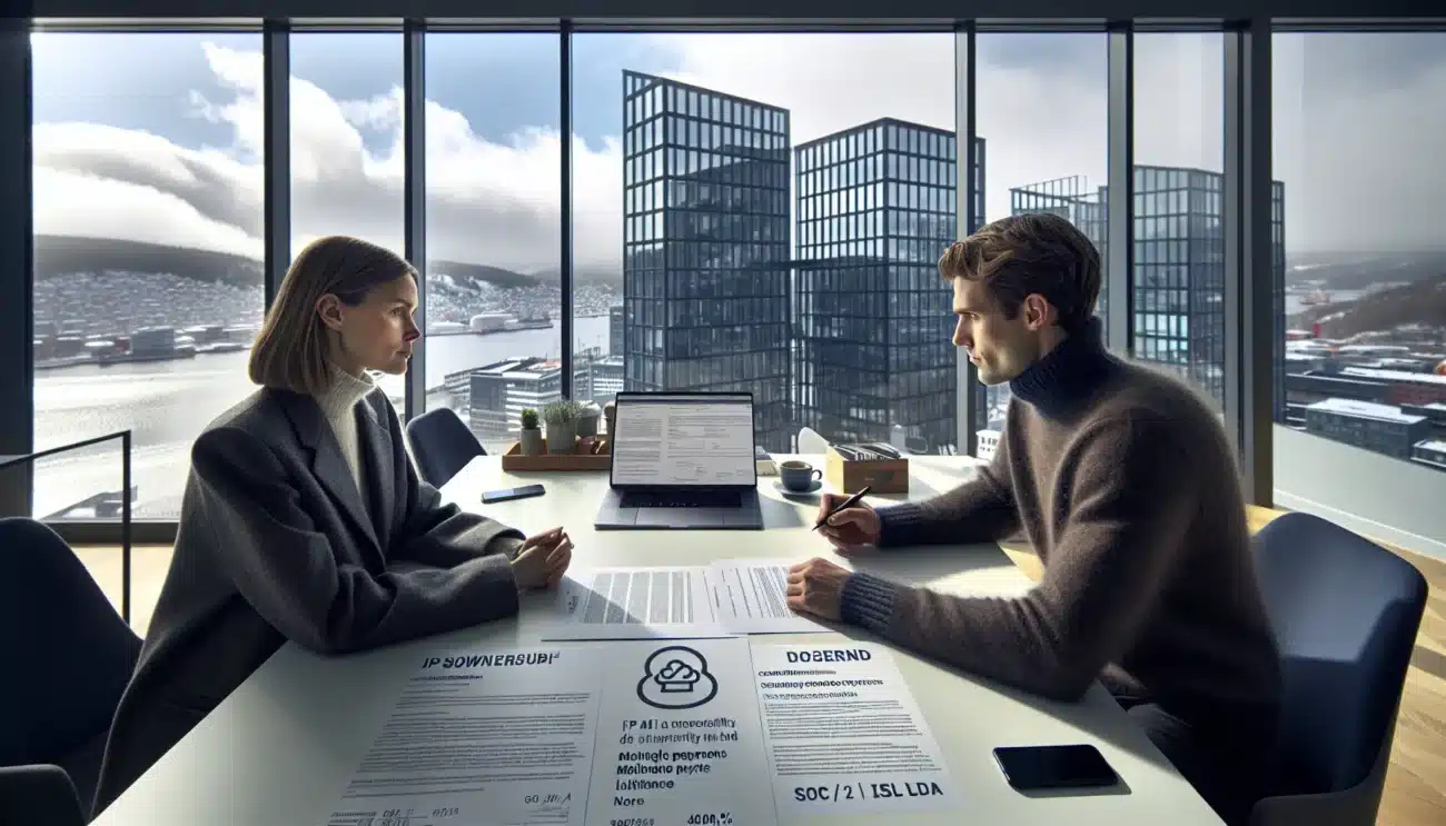 Two tech professionals negotiate a contract in a modern oslo office in winter