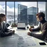 Two tech professionals negotiate a contract in a modern oslo office in winter