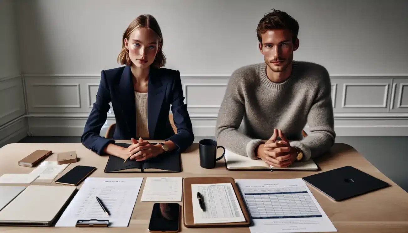 Two young professionals negotiate calmly in a bright oslo office winter daylight
