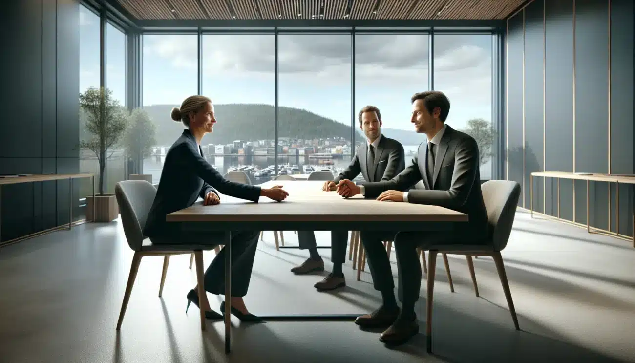 Norwegian business partners shaking hands over a signed long term growth agreement