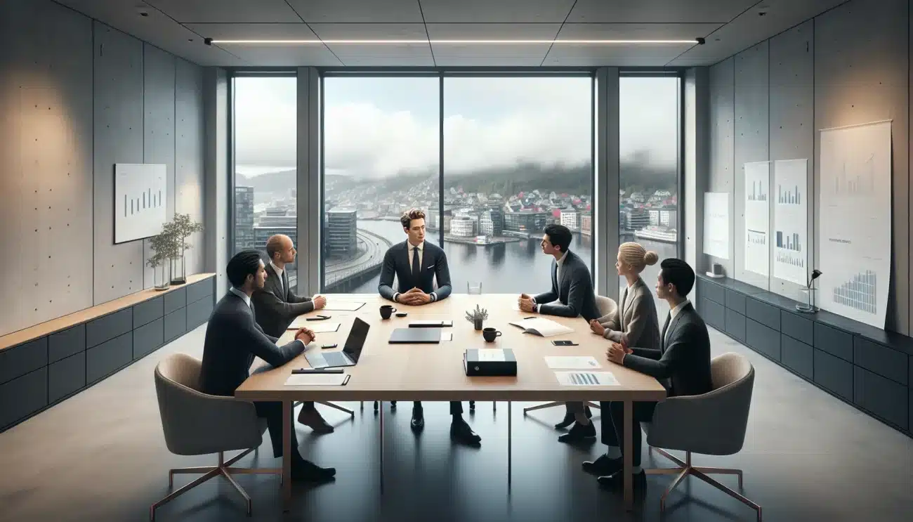 Norwegian business team leading structured contract negotiation around a modern meeting table