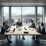 Norwegian business team leading structured contract negotiation around a modern meeting table