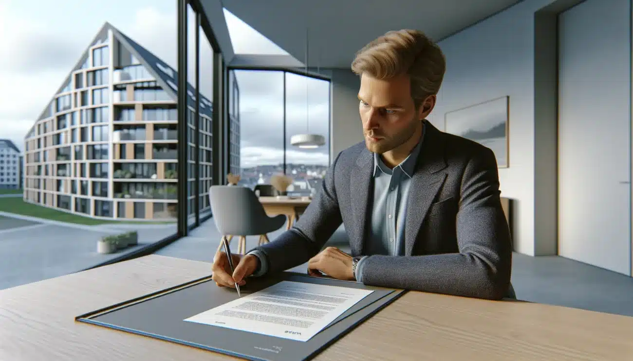 Norwegian man carefully reading complex contract before signing at a modern office desk