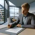 Norwegian man carefully reading complex contract before signing at a modern office desk