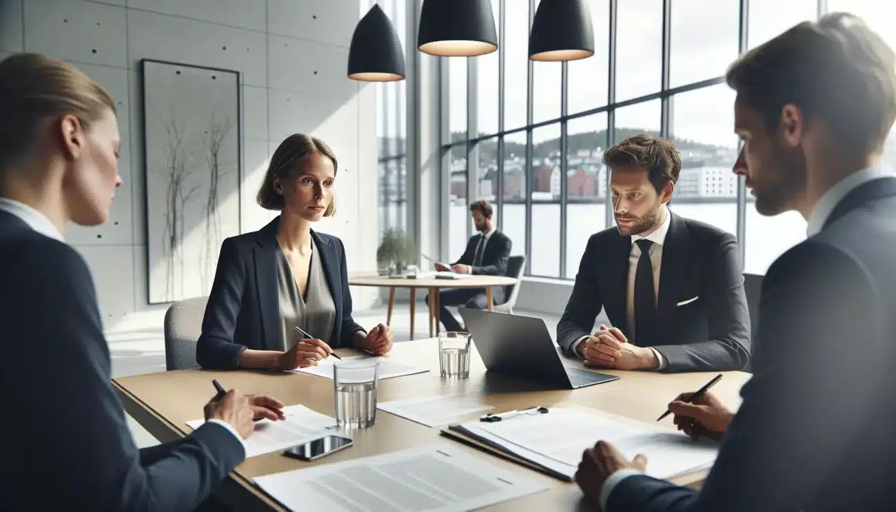 Professionals in a modern norwegian office engaged in a calm structured negotiation