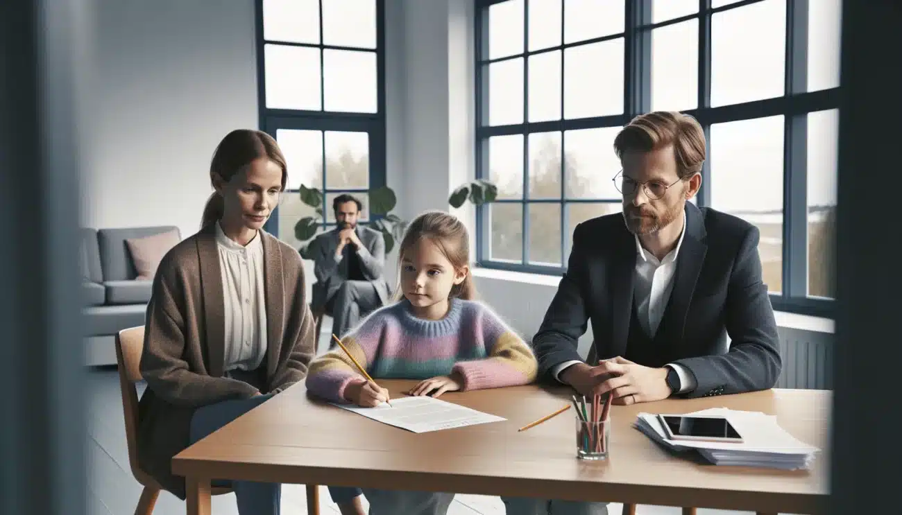 Separated norwegian parents and mediator drafting a child custody visitation agreement