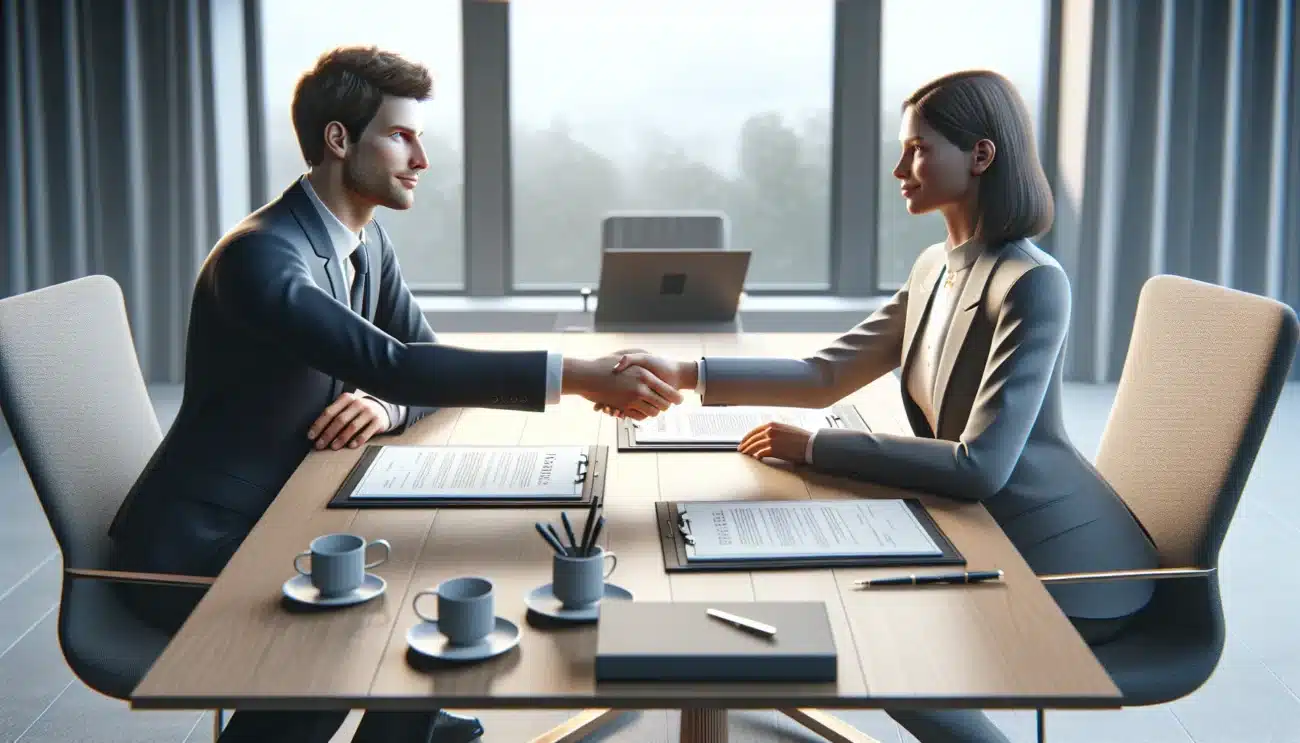 To norske forretningsfolk handhilser enig over kontrakt i lyst m terom