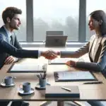 To norske forretningsfolk handhilser enig over kontrakt i lyst m terom