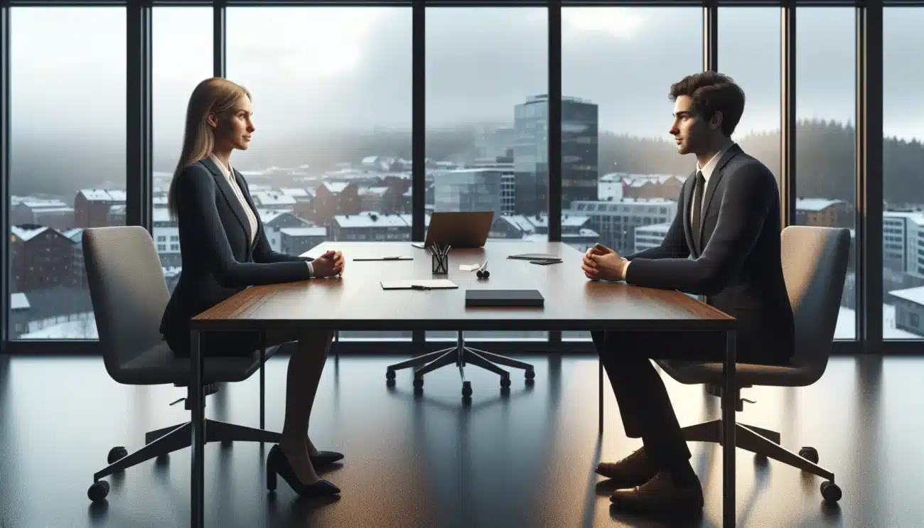 To norwegian professionals forhandler med apent kroppssprak i et moderne m terom