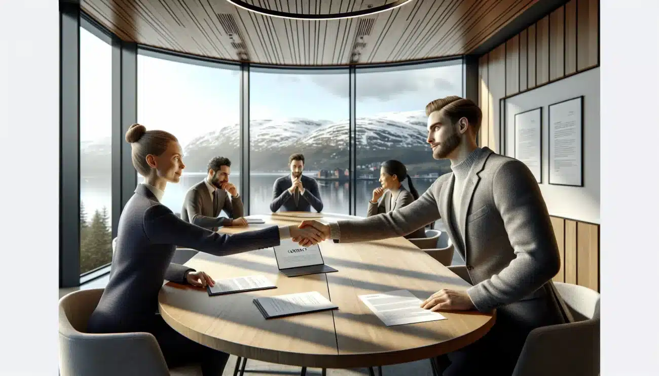 Two norwegian business partners shake hands over a balanced contract in daylight