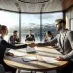 Two norwegian business partners shake hands over a balanced contract in daylight