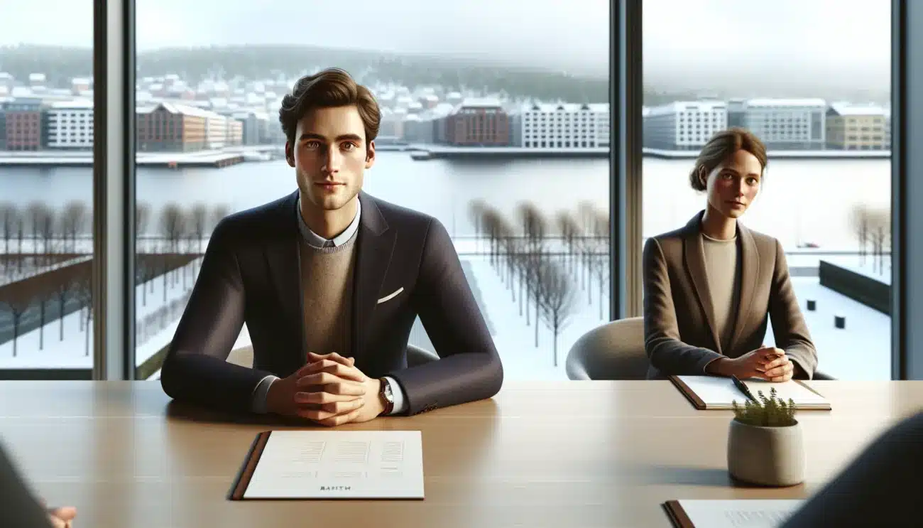 Two norwegian professionals negotiating calmly across a meeting table in a modern office