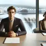 Two norwegian professionals negotiating calmly across a meeting table in a modern office