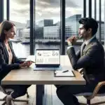 Two professionals in a modern norwegian office agreeing on a smart business contract